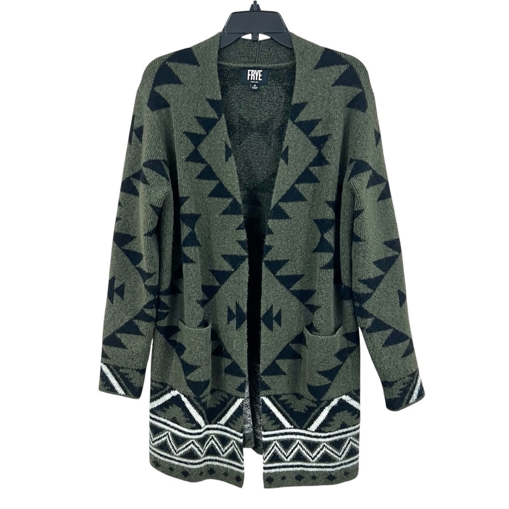 Frye Cozy Army Green Aztec Ikat Long Duster Cardigan Sweater